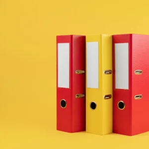 Photo de fournitures scolaires vendues à la Papeterie Valles à Lourdes (65100) dans les Hautes-Pyrénées. Deux classeurs rouges et un classeur jaune.