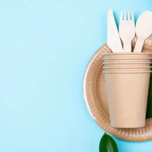 Photo de fournitures pour la restauration rapide vendues à la Papeterie Valles à Lourdes (65100) dans les Hautes-Pyrénées. Couverts à usage unique, assiettes en carton, gobelets en carton et couverts en bois.