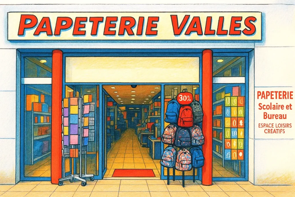 Illustration de la devanture de la Papeterie Valles située à Lourdes (65100) dans les Hautes-Pyrénées.